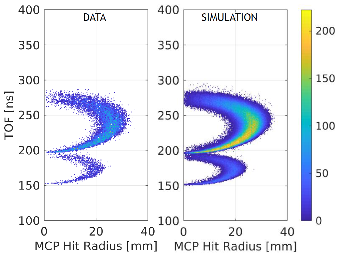 Sample data: plot of Li ions TOF versus landing radial position at MCP. Left: data; Right: simulations.