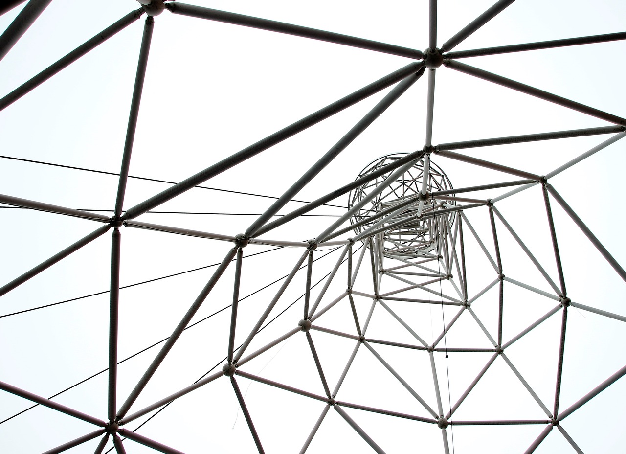 An architectural structure showing the framework of a glass structure