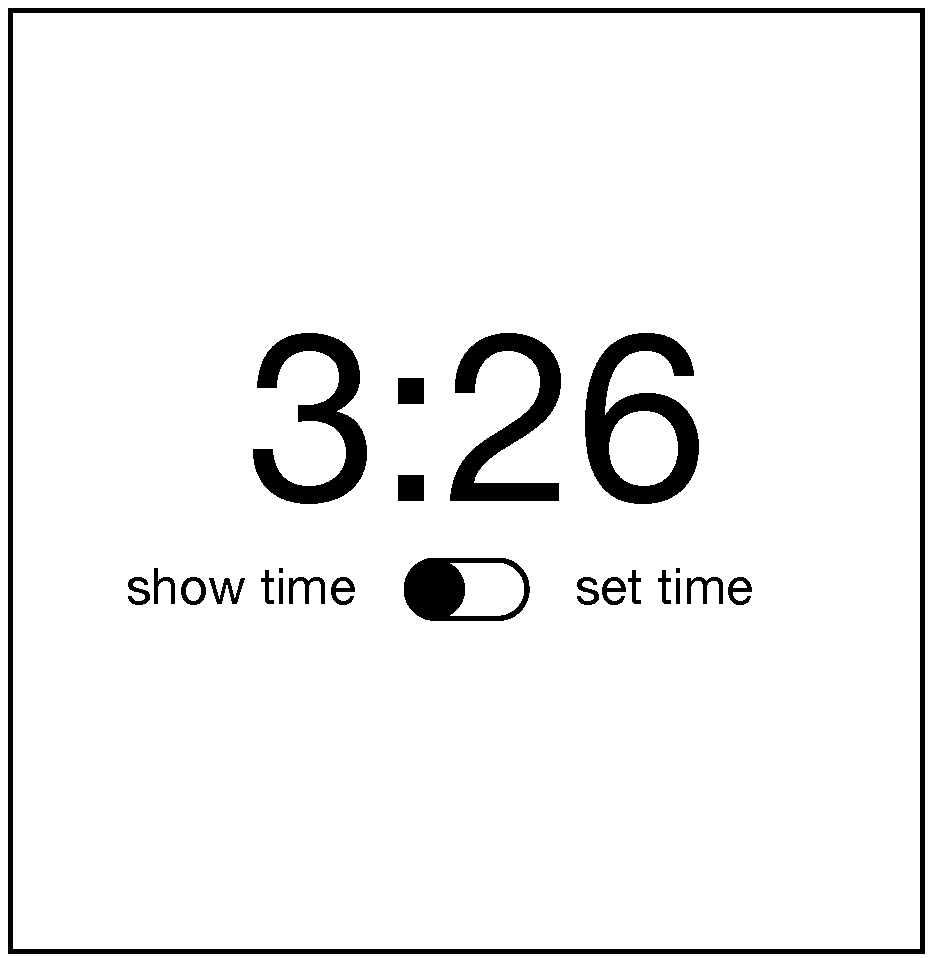 A wireframe of a alarm interface showing a time and an on/off swtich with labels show time and set time