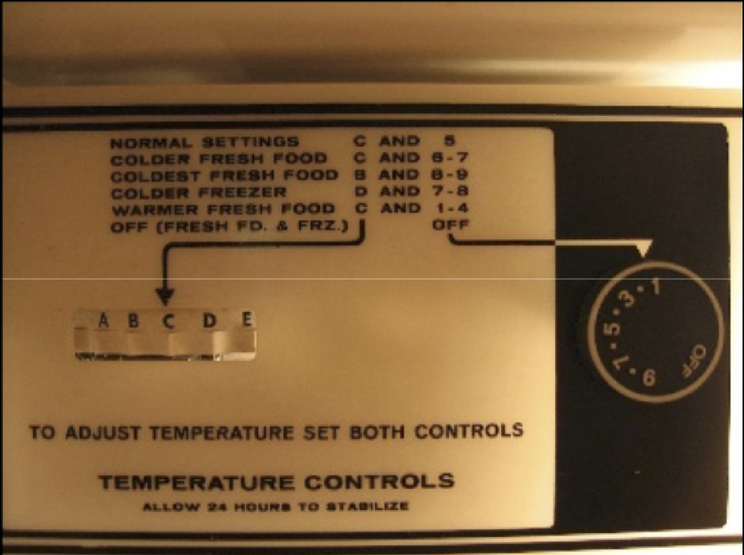 A freezer control knob showing A-E, several number ranges, and several text descriptions of freezer temperatures
