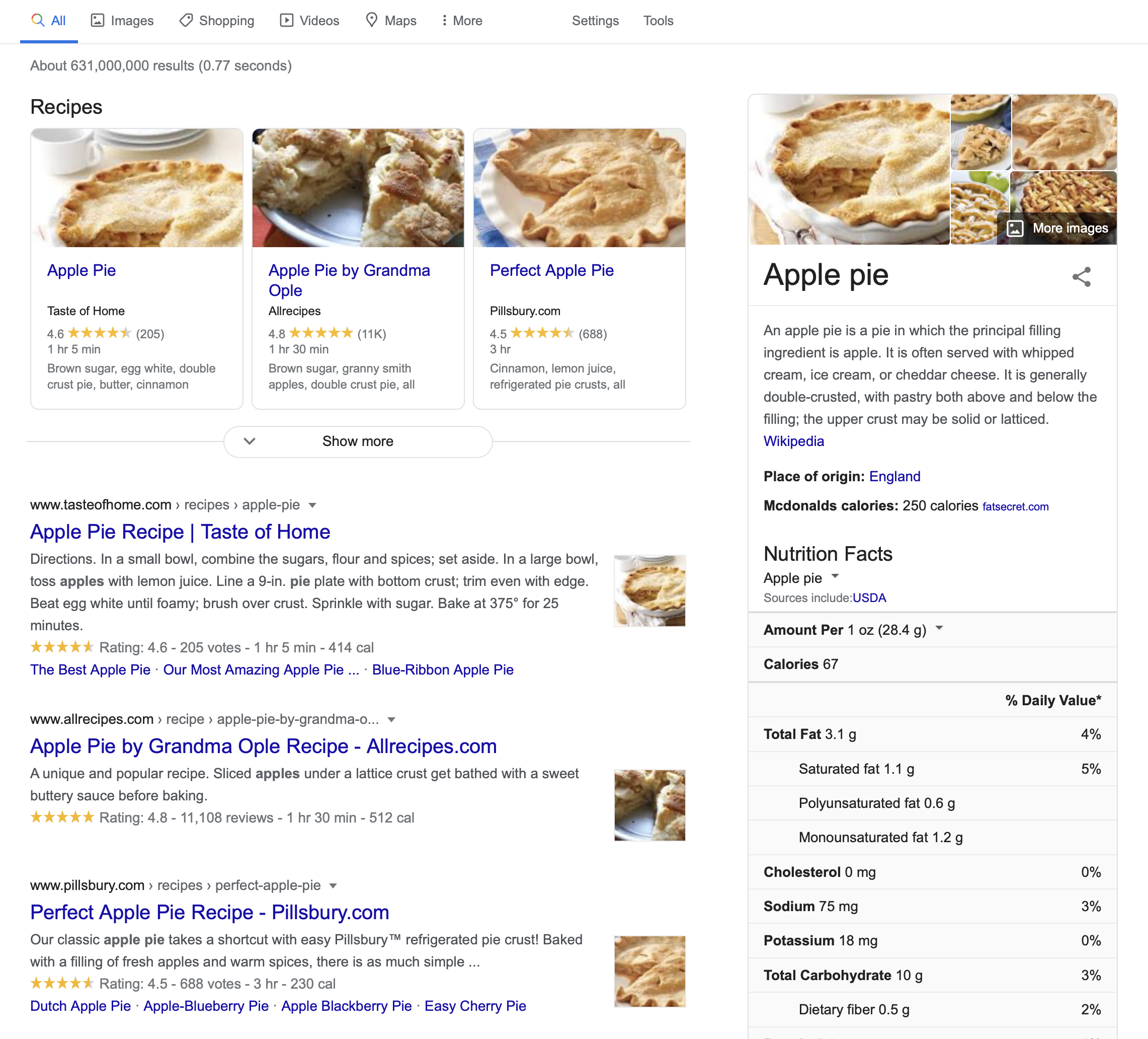 A screenshot of Google search results for apple pie, showing a list of results, and a Wikipedia summary in the margin, with nutrition facts.“
