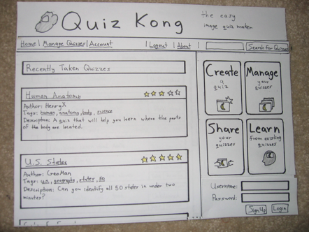 A paper sketch prototype of a quiz page with star ratings and several links.“