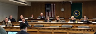 A photograph of a hearing room in the Washington state senate.