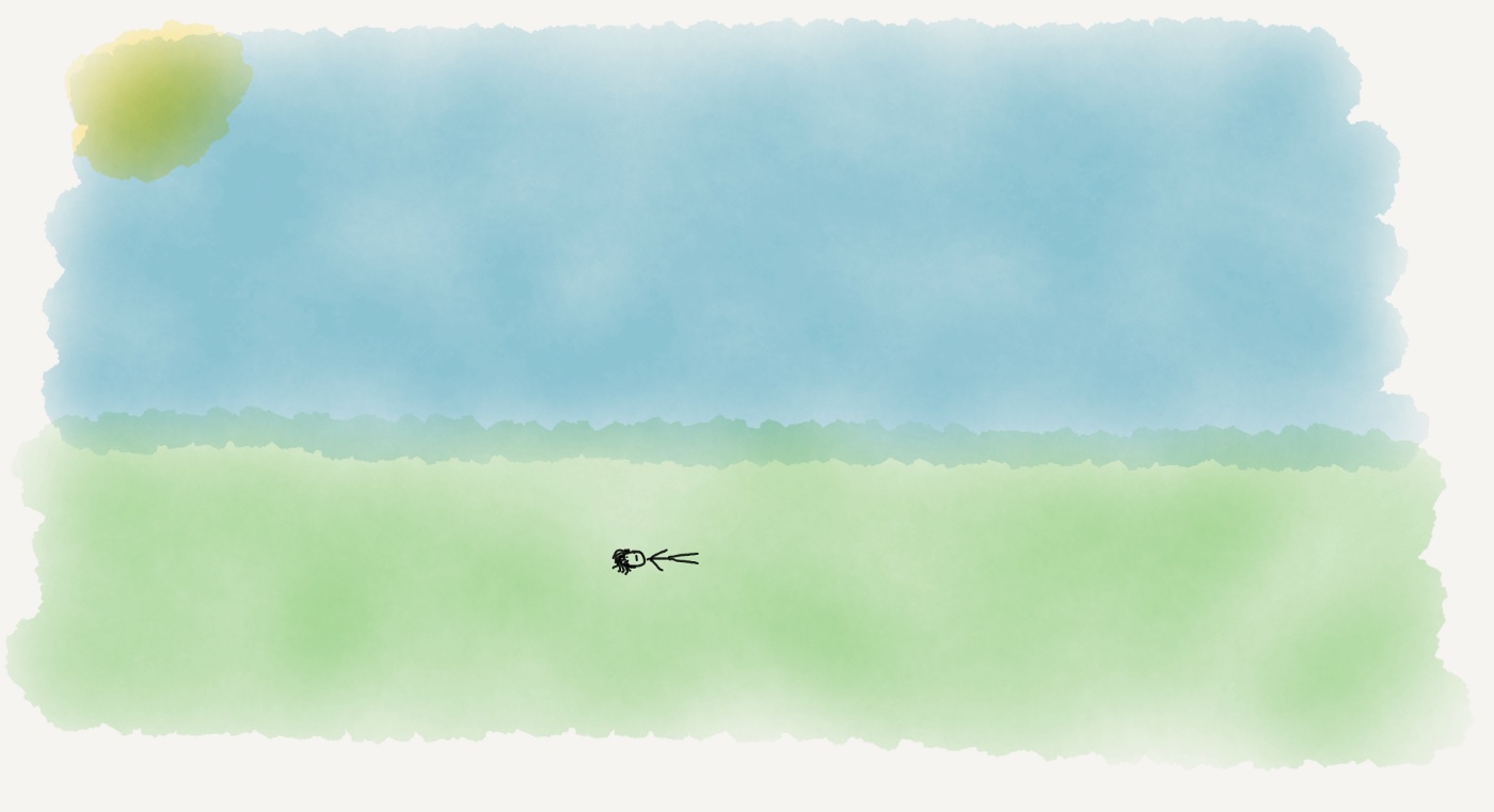 A stick figure laying alone on a large grassy field under a blue sky, all in watercolor.