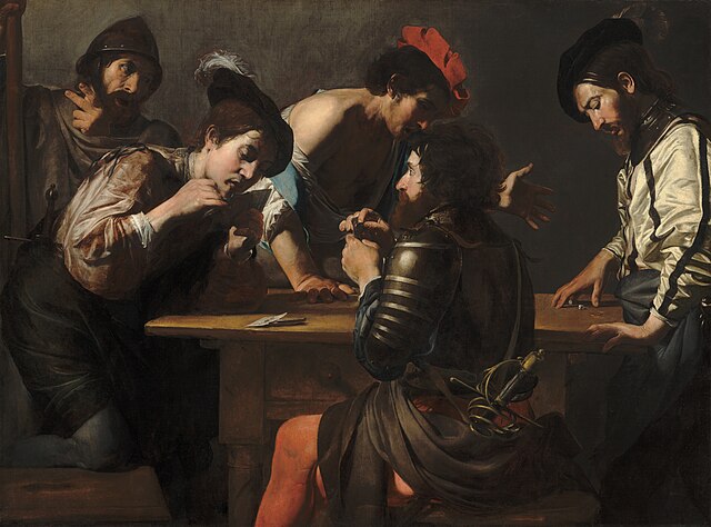 Valentin de Boulogne's Soldiers Playing Cards and Dice (public domain)