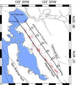 Map of the Hayward fault in the San Francisco Bay Area.