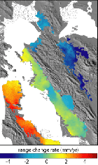 InSAR data showing the average change in baseline between the ground and the satellite.  The color transition from red to blue shows the deformation across the plate boundary.