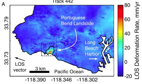 A stack of summer interferograms between 1995 and 2000 on the Palos Verdes peninsula. The previously mapped maximum extent of the Portuguese Bend landslide is outlined in black.