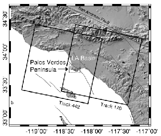  The Portuguese Bend landslide is on the southwest edge of the Palos Verdes peninsula. Satellite frames are indicated by the bold squares.