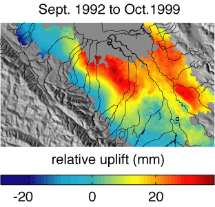 Uplift relative to Oak Hill (square) as observed using InSAR from September 1992 to October 1999.  Fine lines show the drainage network for the valley.