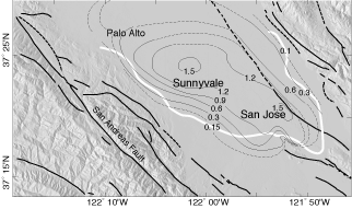 Land subsidence of the Santa Clara Valley from 1934 to 1960 (contours in meters). Bold lines denote regional faults and the white line marks the edge of the confined aquifer. Figure reproduced from Poland and Ireland (1988).