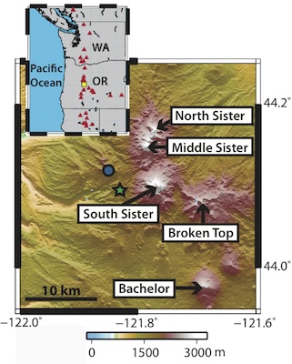 Area maps of the Three Sisters volcanoes. The Three Sisters volcanoes are located in central Oregon, shown by the yellow box in the inset. Red triangles represent locations of Cascade stratovolcanoes. A shaded relief map is shown with the Three Sisters, Broken Top, and Bachelor volcanoes indicated by arrows. HUSB is a continuous GPS station located at Husband indicated by the blue circle. The green star represents the approximate center of the uplifting area, ~5 km west of the summit of South Sister.