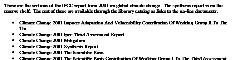 Text Box: These are the sections of the IPCC report from 2001 on global climate change. The synthesis report is on the reserve shelf. The rest of these are available through the libarary catalog as links to the on-line documents.
Climate Change 2001 Impacts Adaptation And Vulnerability Contribution Of Working Group Ii To The Thi
Climate Change 2001 Ipcc Third Assessment Report
Climate Change 2001 Mitigation
Climate Change 2001 Synthesis Report
Climate Change 2001 The Scientific Basis
Climate Change 2001 The Scientific Basis Contribution Of Working Group I To The Third Assessment Rep