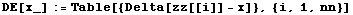 DE[x_] := Table[{Delta[zz[[i]] - x]}, {i, 1, nn}]