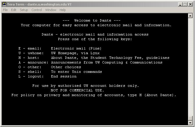 Figure 2: SSH Telnet session connected to dante.u.washington.edu