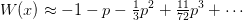 W(x) \approx -1 - p  - \tfrac{1}{3} p^2 + \tfrac{11}{72} p^3
+ \cdots