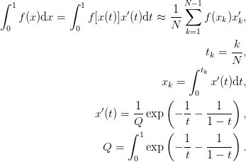 \int_{0}^{1} f(x) \d{x} = \int_{0}^{1} f[x(t)] x'(t) \d{t}
\approx \frac{1}{N}\sum_{k=1}^{N-1} f(x_k) x'_{k},\\
t_{k} = \frac{k}{N},\\
x_{k} = \int_{0}^{t_{k}} x'(t)\d{t},\\
x'(t) = \frac{1}{Q}\exp\left(-\frac{1}{t} - \frac{1}{1-t}\right),\\
Q = \int_{0}^{1}\exp\left(-\frac{1}{t} - \frac{1}{1-t}\right).