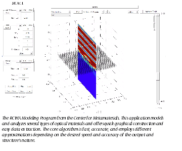 Image of the RCWA Modeling Program from the Center for Metamaterials. This application models
and analyzes several types of optical materials and offers quick graphical construction and
easy data extraction. The core algorithm is fast, accurate, and employs different
approximations depending on the desired speed and accuracy of the output and
structure's nature.