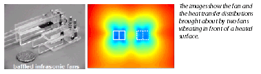 The images show the fan and
the heat transfer distributions
brought about by two fans
vibrating in front of a heated
surface.
