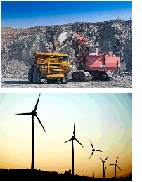 images of mining equipment and wind turbines