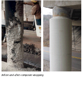 image of a pillar before and after composite wrapping
