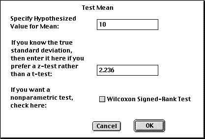 JMP dialog box for z-test
