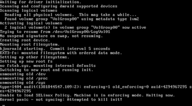 A screen shot of a Linux operating system kernel panic