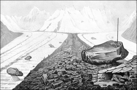 Drawings by Agassiz of glacial features such as rocks and ice tracks suggesting evidence of an ice age.