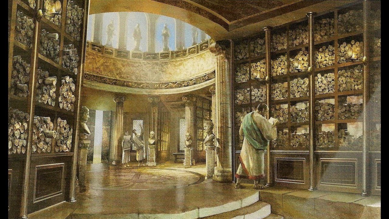 A painting depicting the library, with walls full of papyrus scrolls