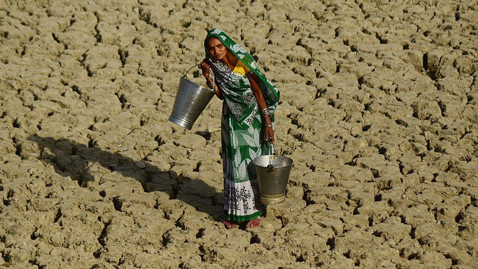 A woman in India carries water across a dry, cracked field of clay