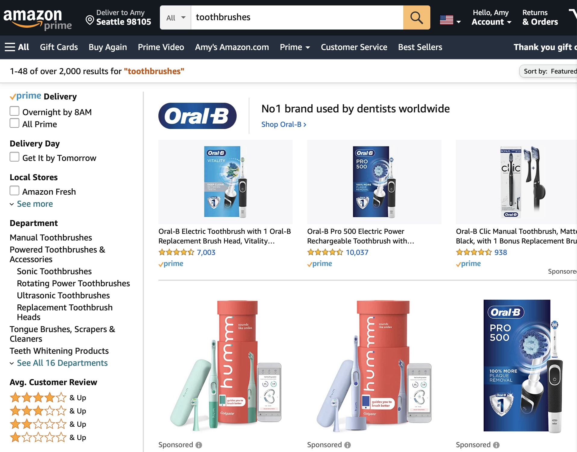A screenshot of Amazon.com showing its filters on the left and results on the right.