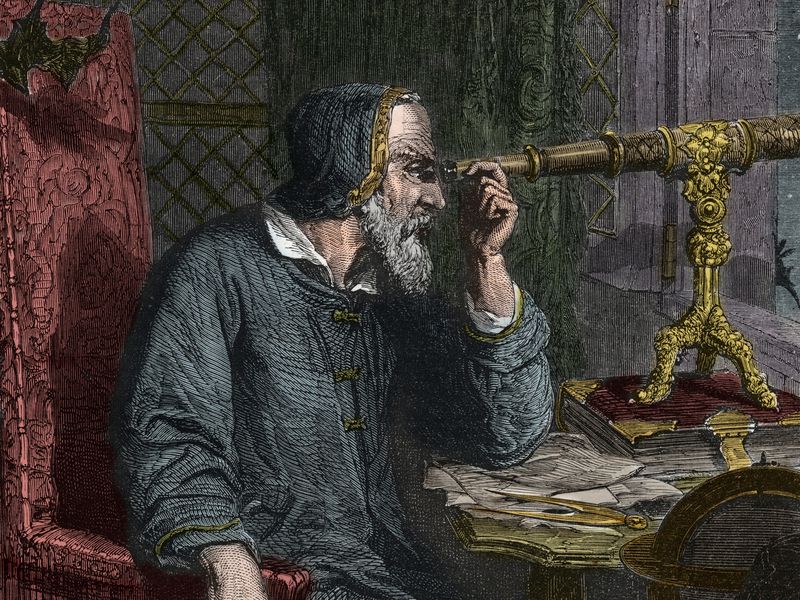 An illustration of Galileo looking through a telescope