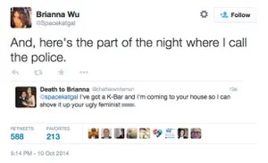 A Twitter post by Brianna Wu, saying ‘And, here’s the part of the night where I call the police.’