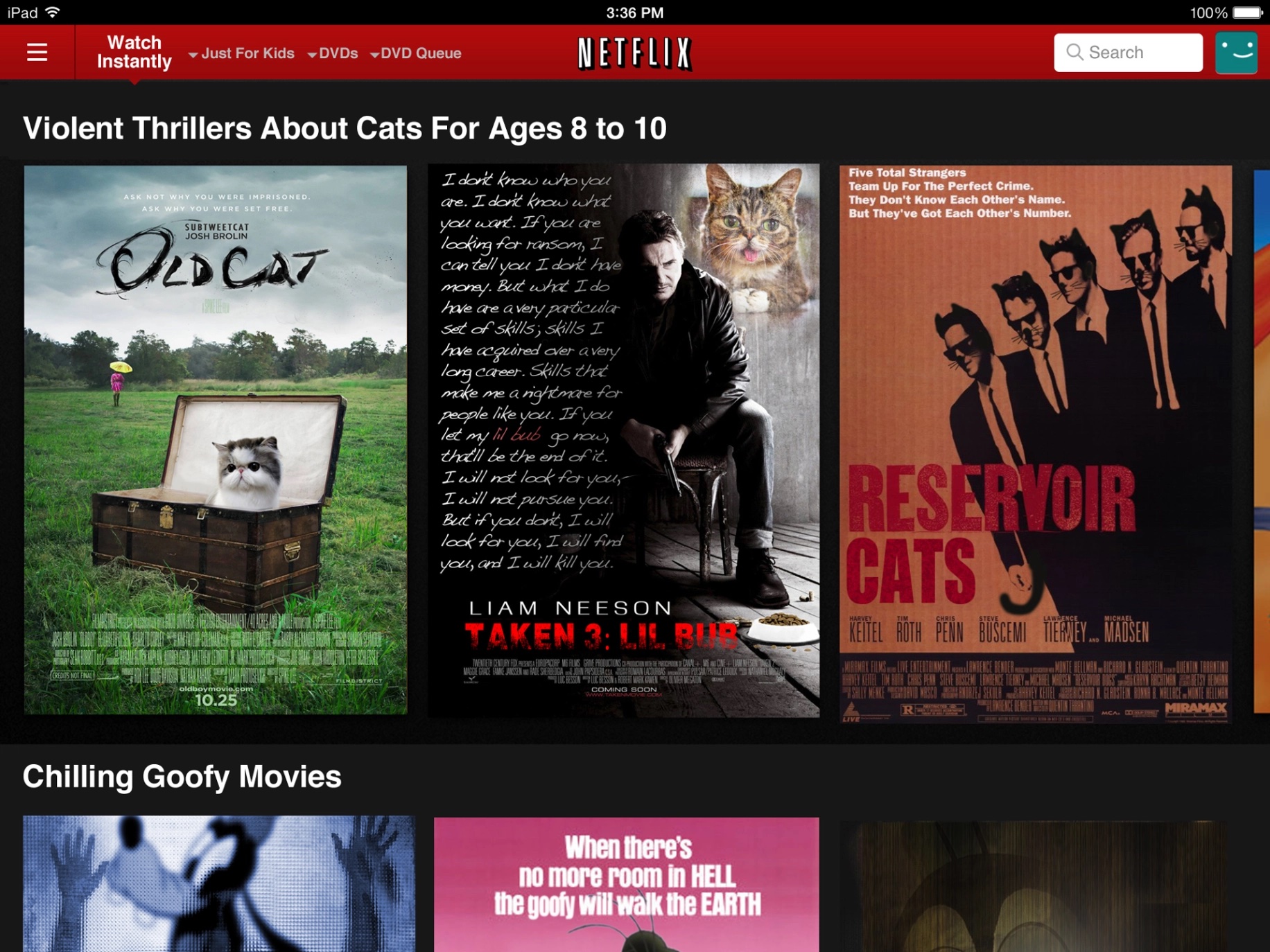 A fake screenshot showing the genre Violent Thrillers About Cats for Ages 8 to 10