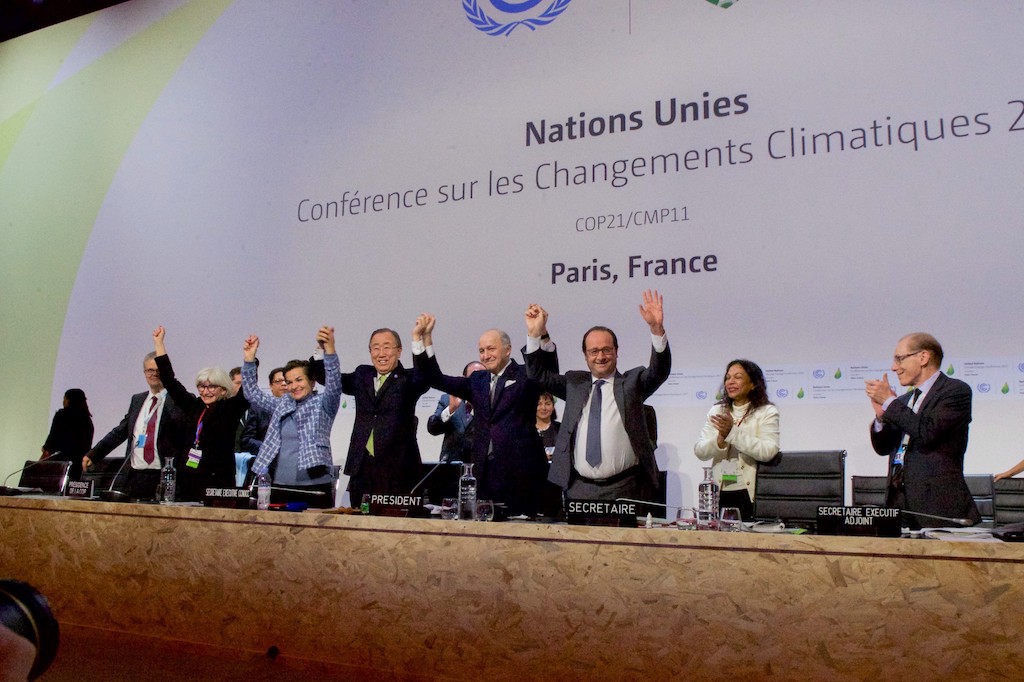 A photograph of the adoption of the Paris Climate Agreement