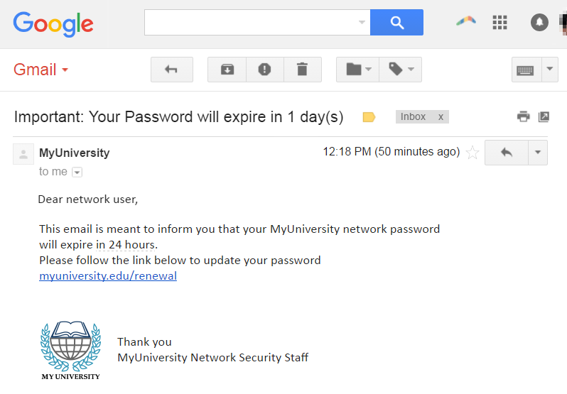A screenshot of a phishing attack saying “Please follow the link below to update your password”