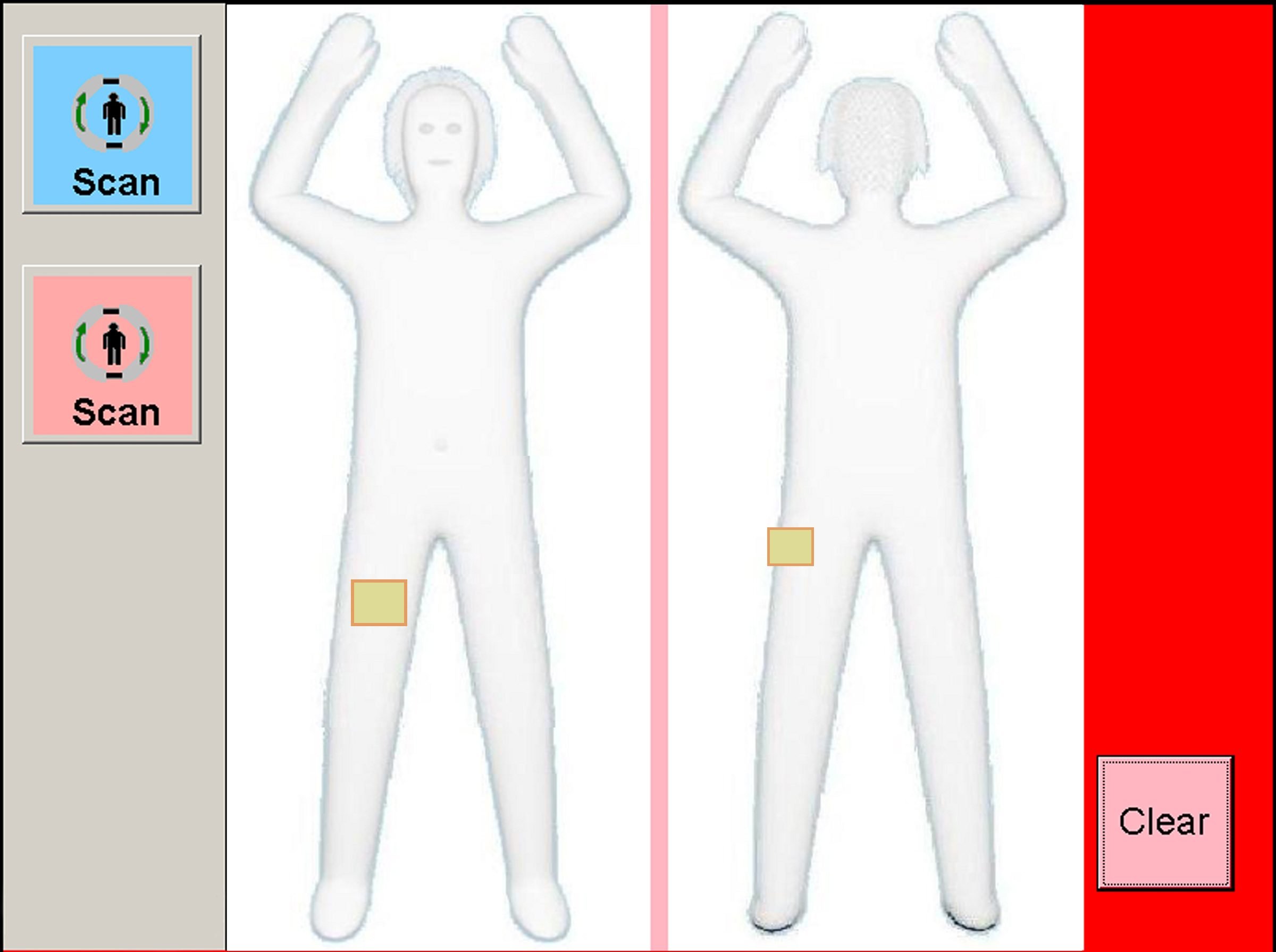 A screenshot of the TSA scanner screen showing a body and its anomalies.