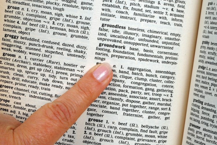 A photograph of a finger pointing to the word “groundwork” in a thesaurus.