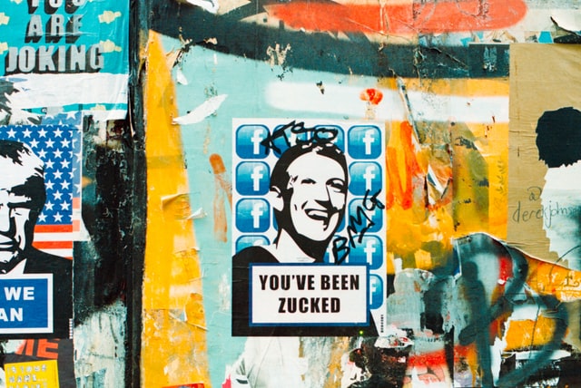 A photograph of street art in London showing Mark Zuckergerg’s face and the phrase ‘You’ve Been Zucked’
