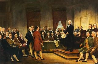 A painting of the signing of the U.S. Constitution showing many White men signing