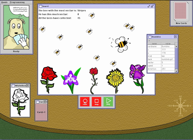 A screenshot of the Hands system, showing a program that animates bees, and a card with bee properties.