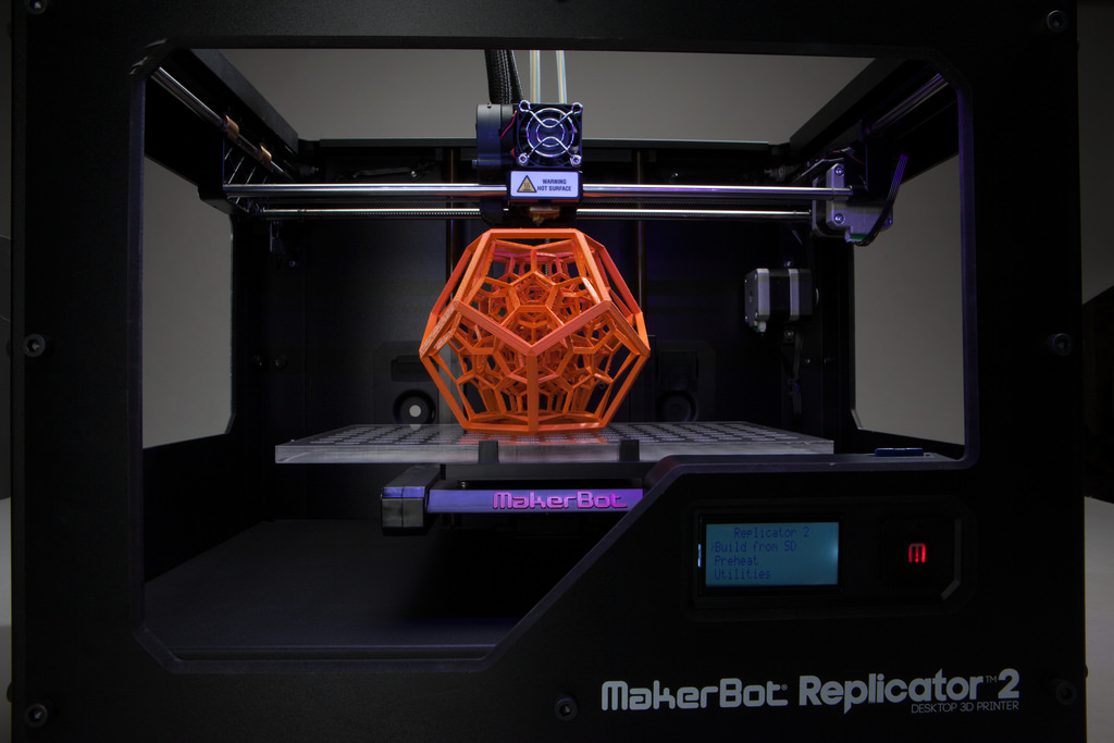 A Makerbot 3D printer printing a nested dodecahedron.