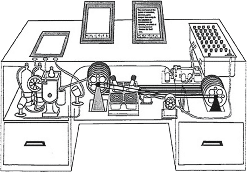 A line drawing of a machine with several displays, a keyboard, and a computer inside a desk, retriving and calculating.