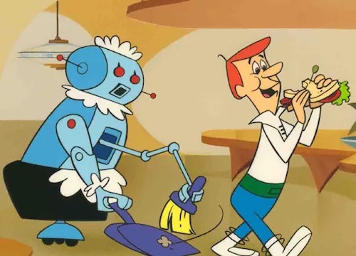 Rosie the robot maid, from The Jetsons, cleaning up sandwich debris.
