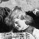 A black and white version of an old painting with a child reading a newspaper