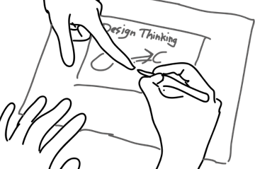 A line drawing of two people discussing a sketch