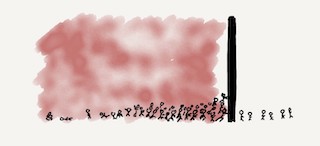 A crowd of people rushing to a locked safe space to escape a firey cloud.