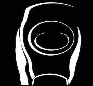 A sad looking robot like face with a single eye in black and white