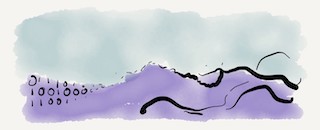 A purple silhouette of a mountain range below blue skies with black binary digits transformating into black strokes along the ridgeline.