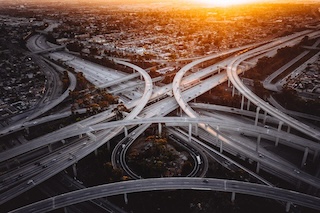 A horrendous LA freeway interchange at dawn.